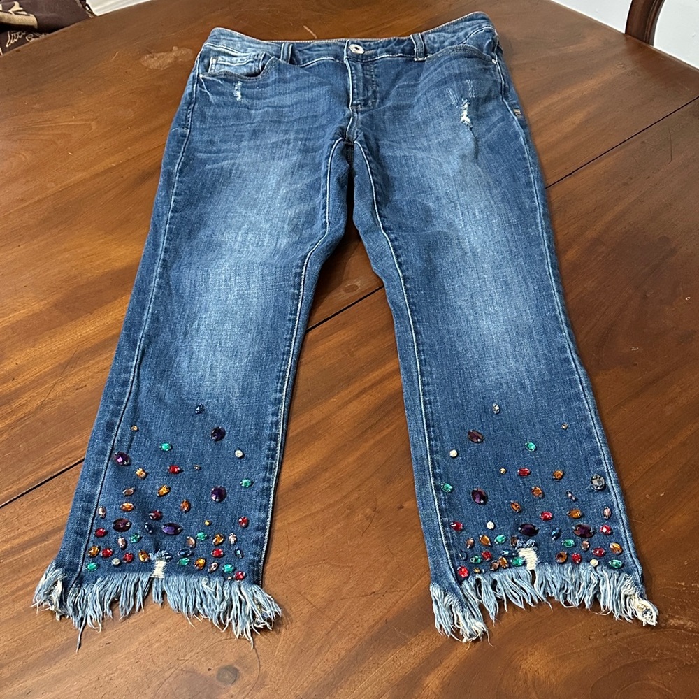 INC International Concepts Blue Jeans with Colorful Embellishments